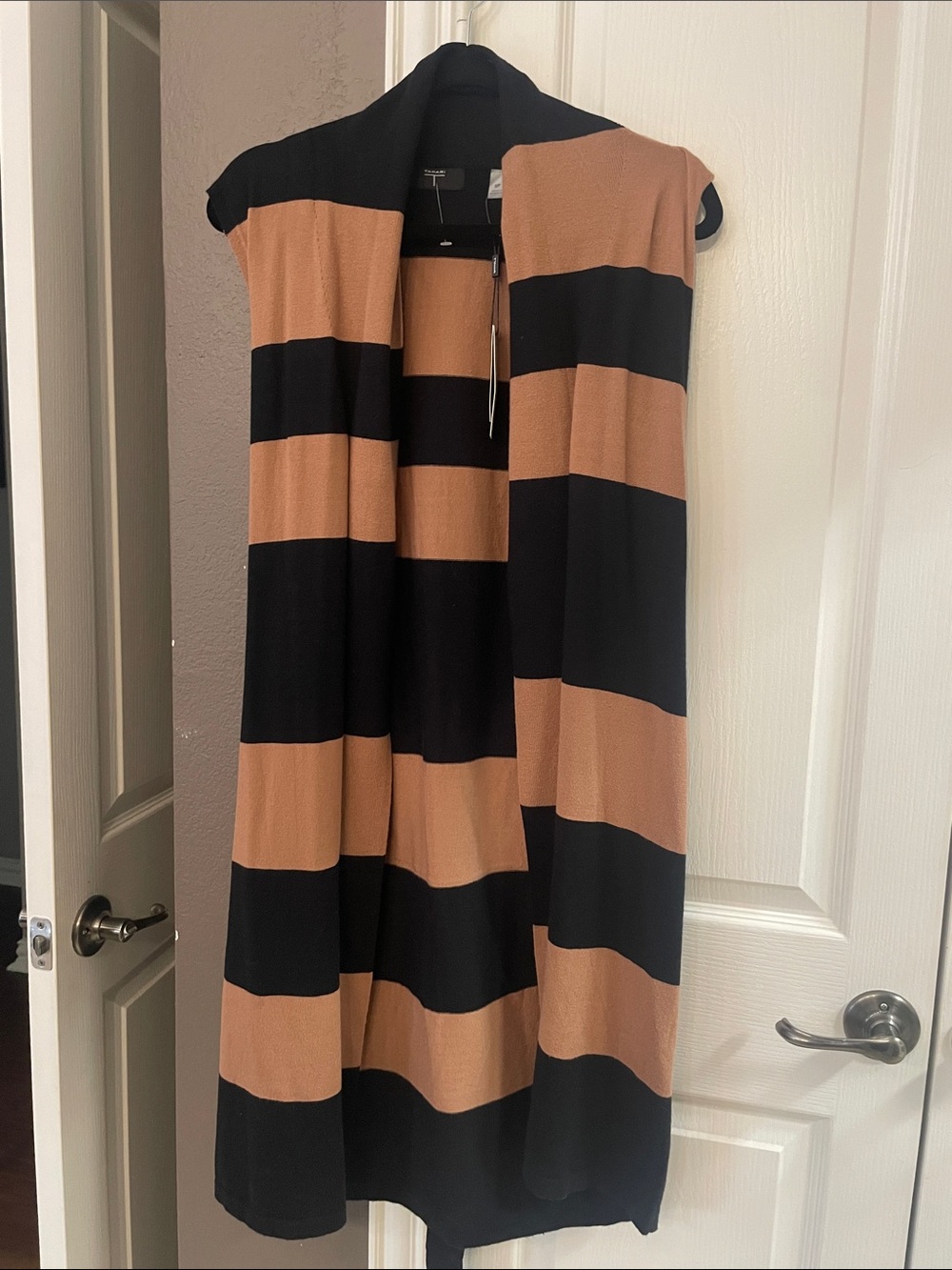 Tahari Black Tan Striped Sweater Duster Cardigan Sleeveless SP Small Belted NEW